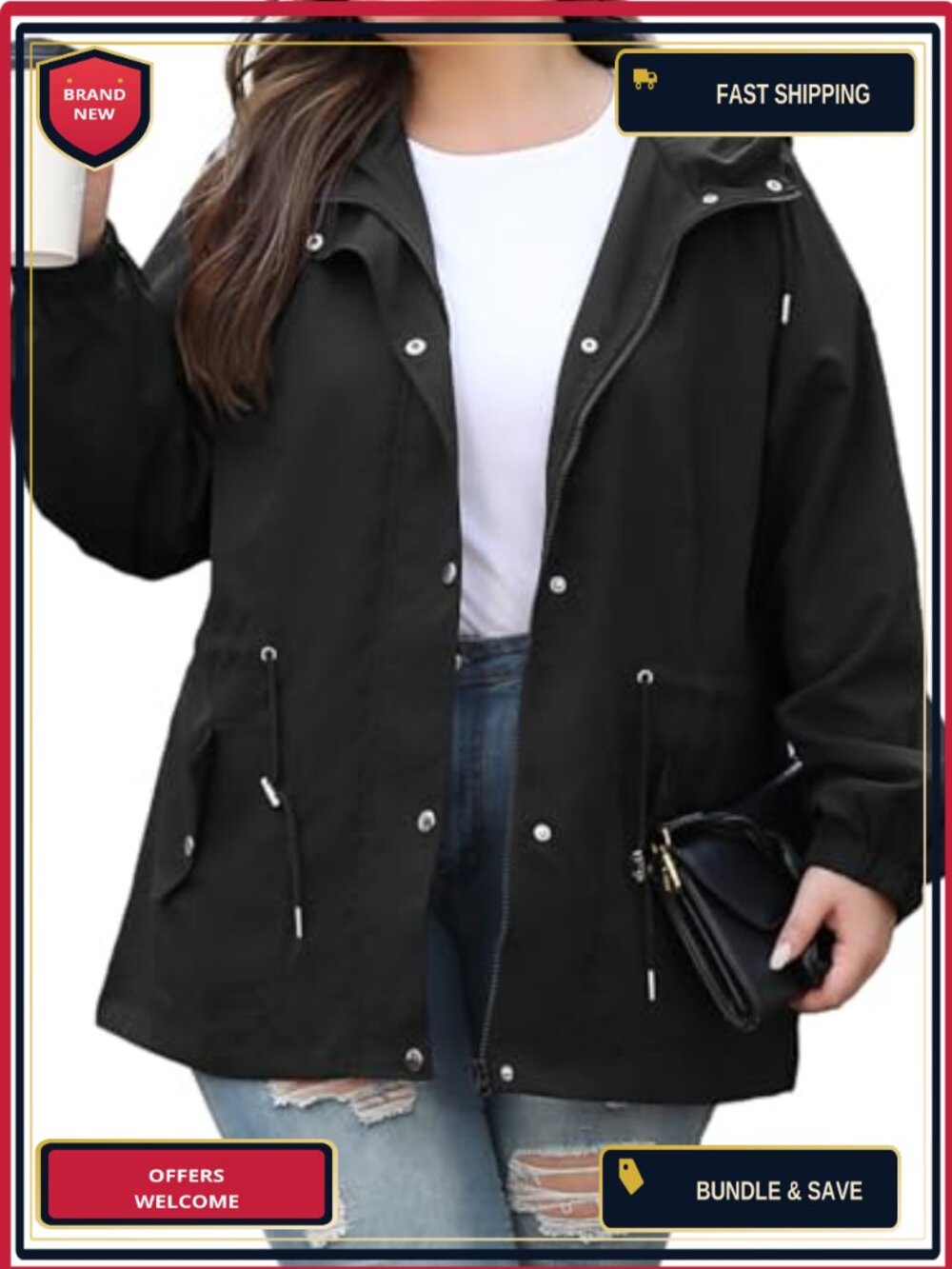 Plus Size Women's Lightweight Waterproof Hooded Rain Jacket with Pockets